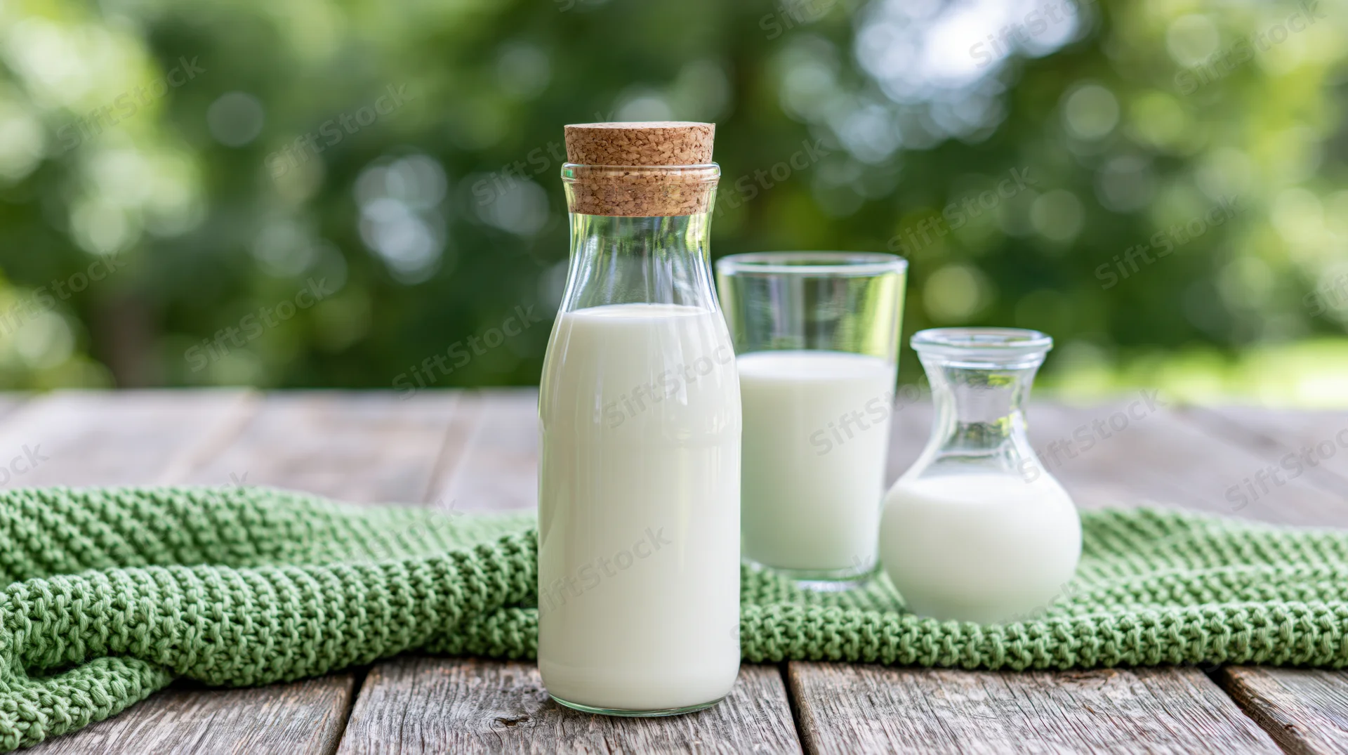 Glass milk bottle with cork lid and small jug on wooden table with green knit cloth outdoors