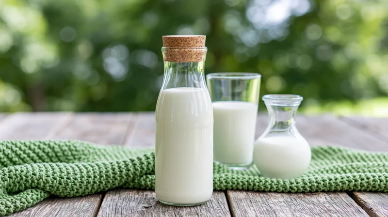 Glass milk bottle with cork lid and small jug on wooden table with green knit cloth outdoors