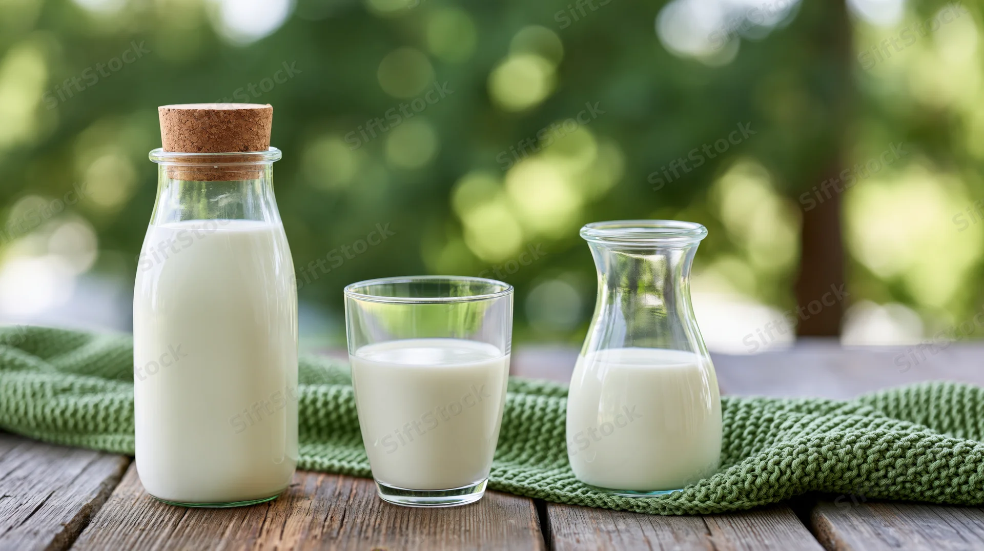 Milk in glass bottle with cork lid, drinking glass and small jug on wooden table outdoors with green cloth