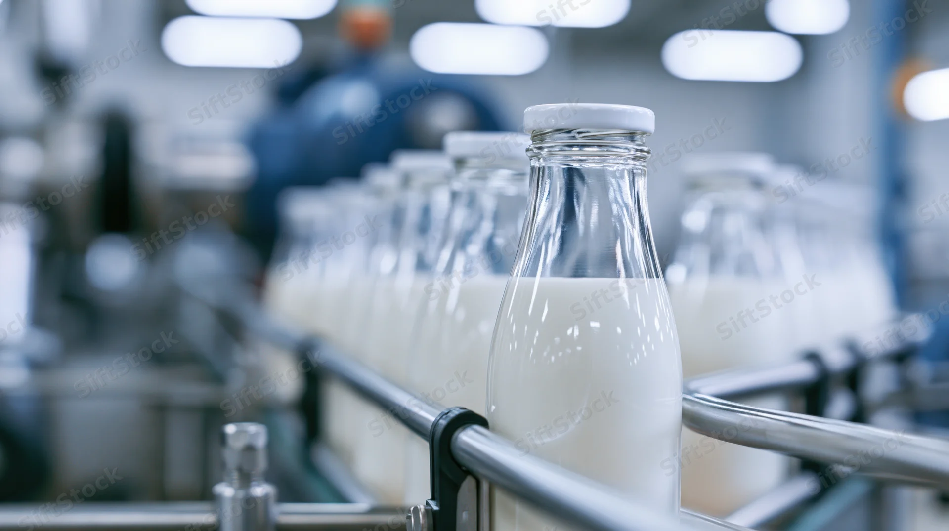 Glass milk bottles filled with white milk moving along a conveyor in a dairy factory