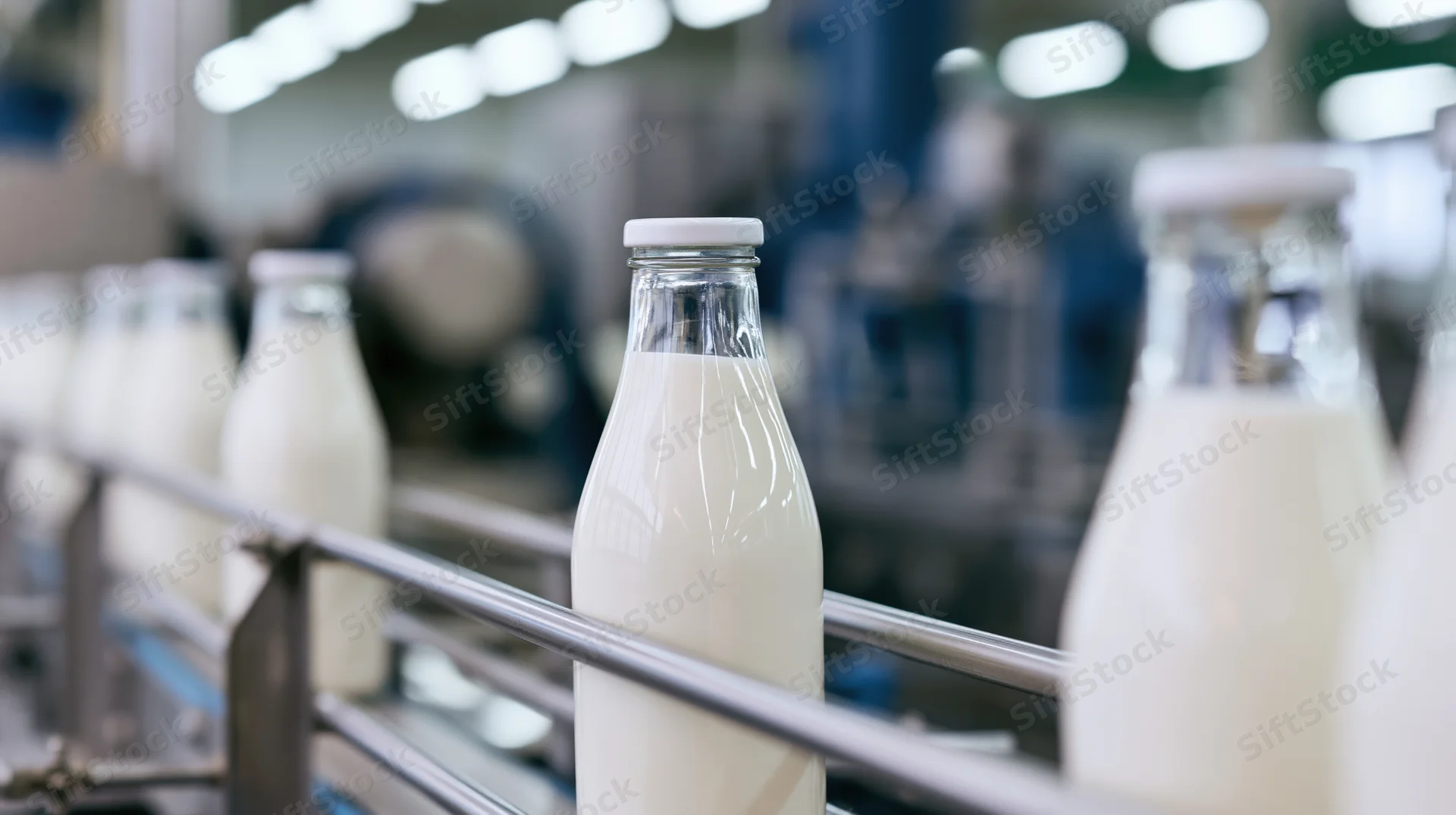 Glass milk bottles filled with white milk moving along a conveyor line in a dairy factory