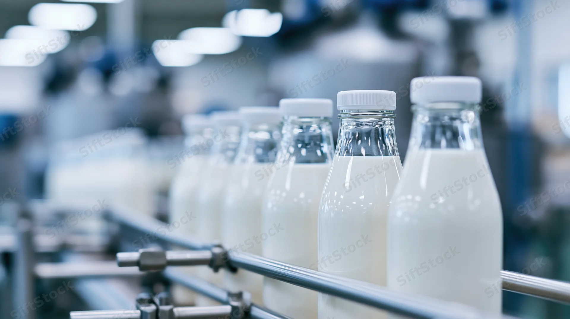Glass milk bottles filled with white milk moving along a metal conveyor in a factory