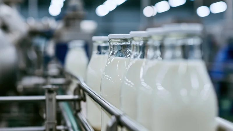 Glass milk bottles filled with white milk moving along a conveyor in a factory