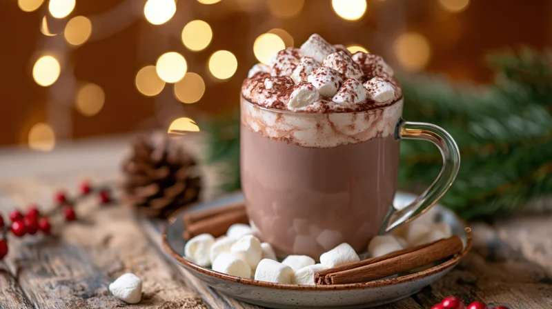 Glass mug of hot chocolate topped with marshmallows and cinnamon sticks on a wooden table with holiday decorations and bokeh lights in the background