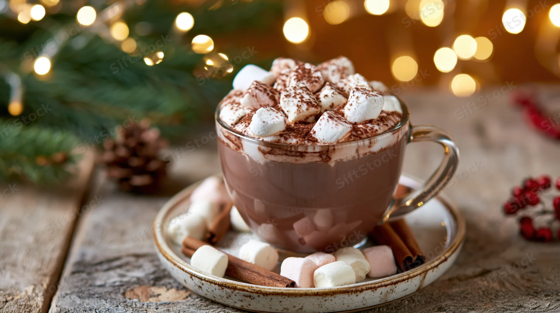 Glass mug of hot chocolate topped with marshmallows and cinnamon sticks on a wooden table with christmas lights and pine branches in the background