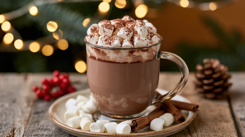 Glass mug of hot chocolate topped with marshmallows and cinnamon sticks on a wooden table with christmas lights and pinecone in background