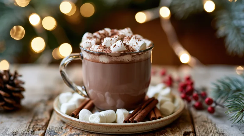 Glass mug of hot chocolate topped with marshmallows and cinnamon sticks on a wooden table with holiday lights and pine branches in the background