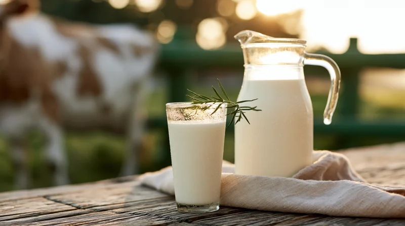 Glass of fresh milk and a pitcher on a wooden table with a cow in the background at sunset
