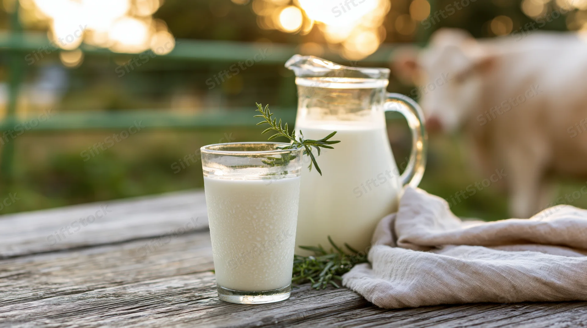 Glass of fresh milk and a pitcher on a wooden table with a goat in the background at sunset