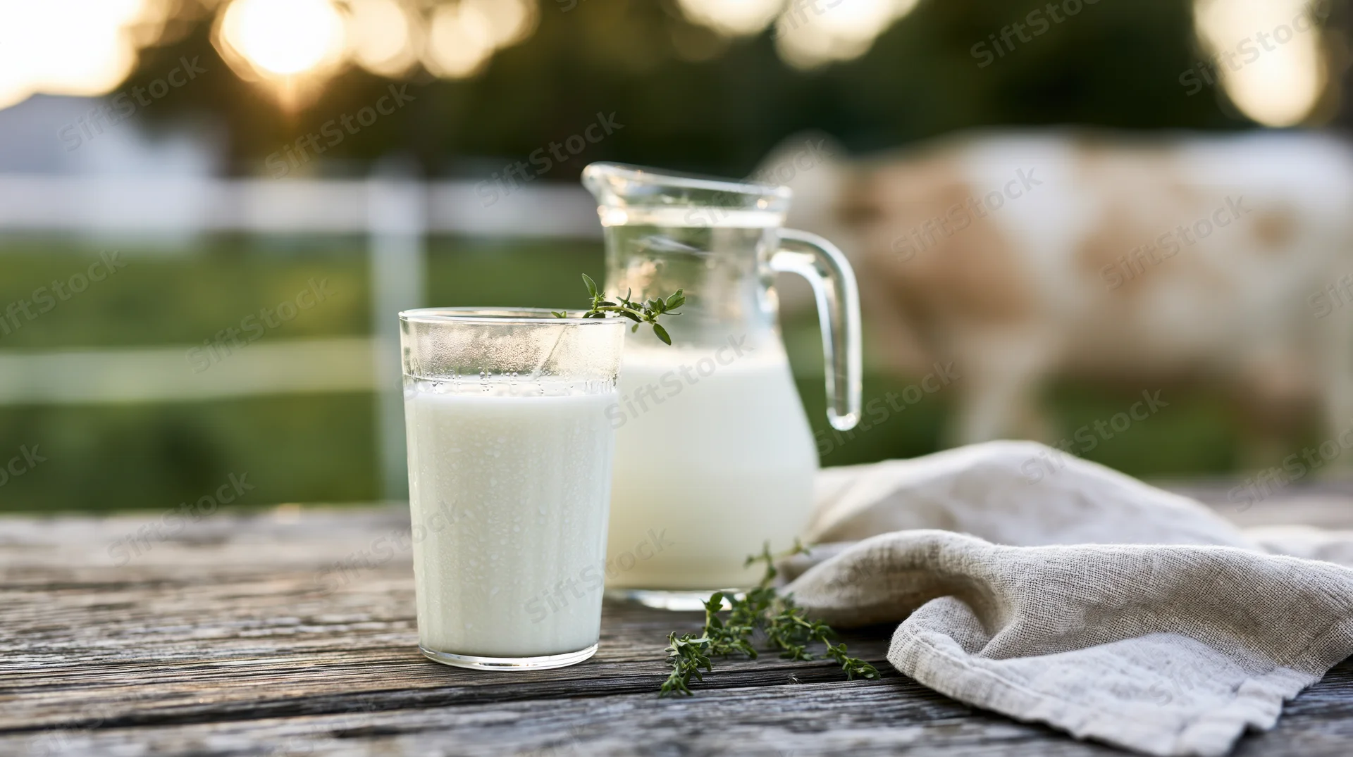 Glass of fresh milk and pitcher on wooden table with cow in background at sunset