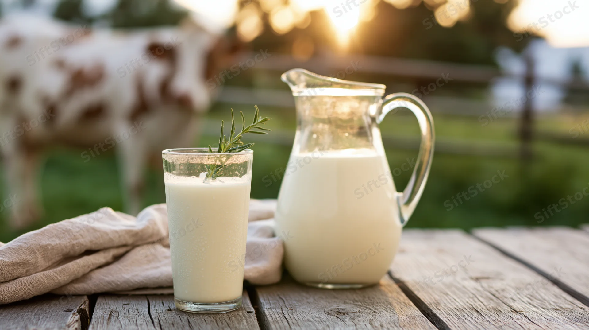 Glass of milk and pitcher on wooden table with cow in pasture at sunset