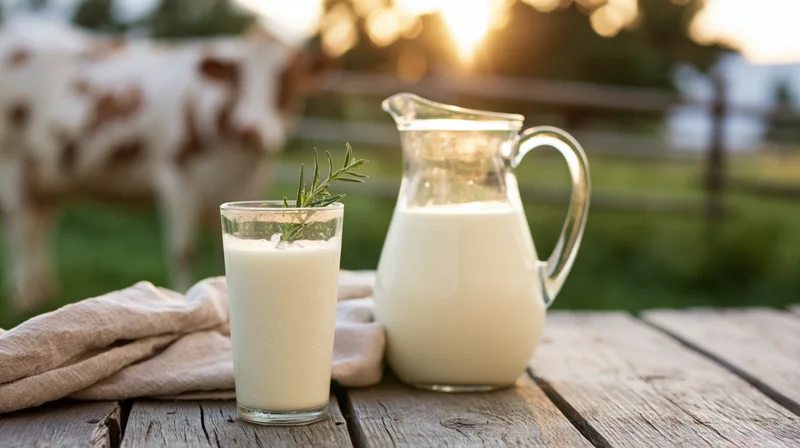 Glass of milk and pitcher on wooden table with cow in pasture at sunset