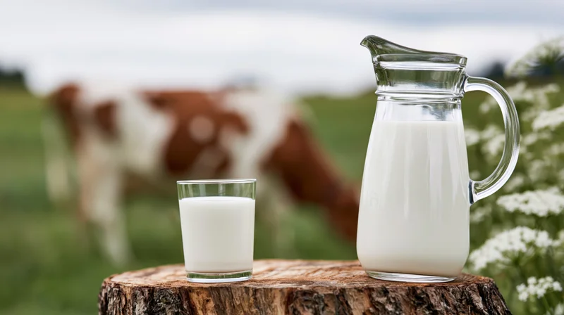 Glass of milk and a pitcher on a tree stump with a cow grazing in the background