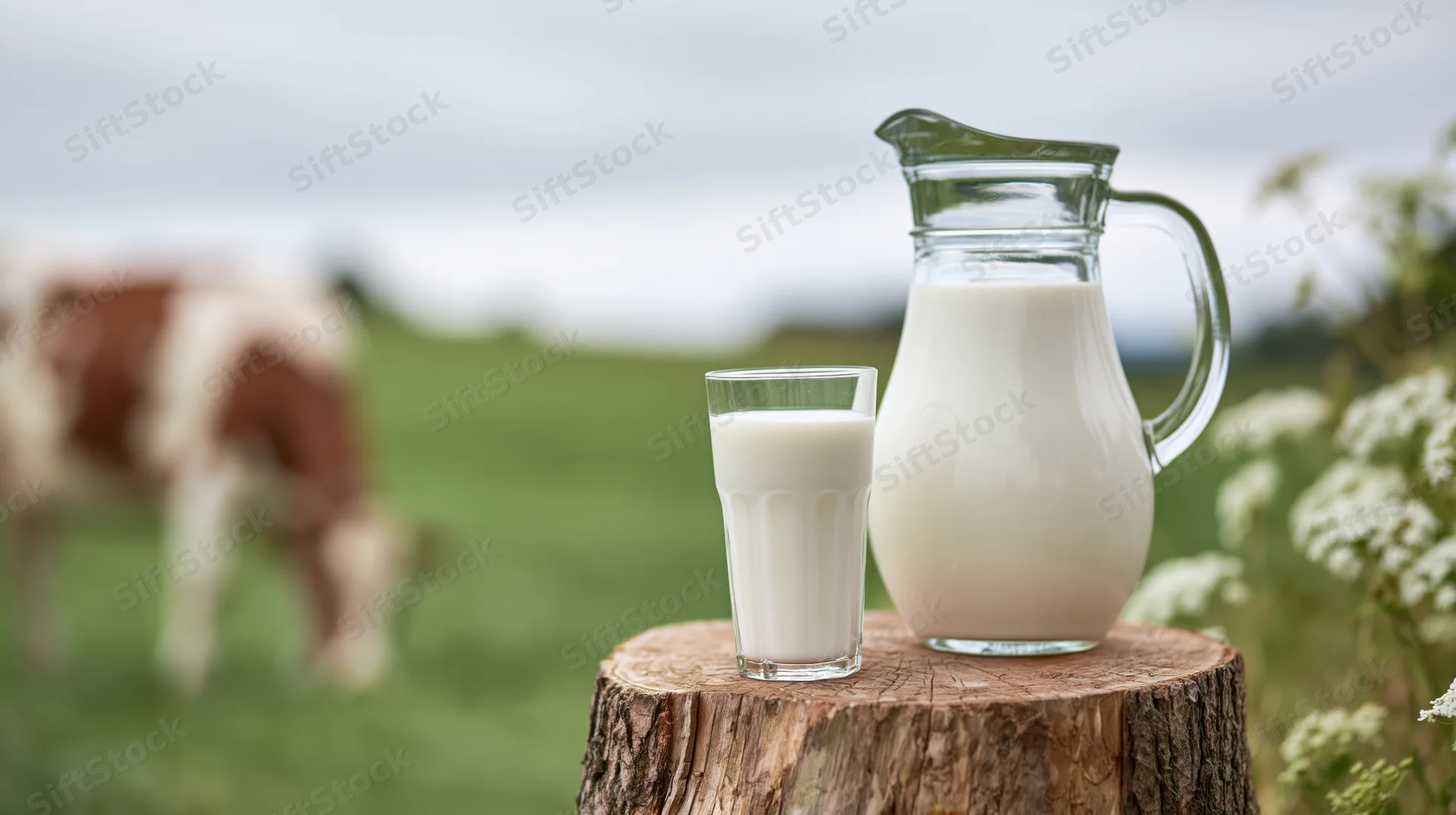 Glass of milk and pitcher on tree stump with cow grazing in field