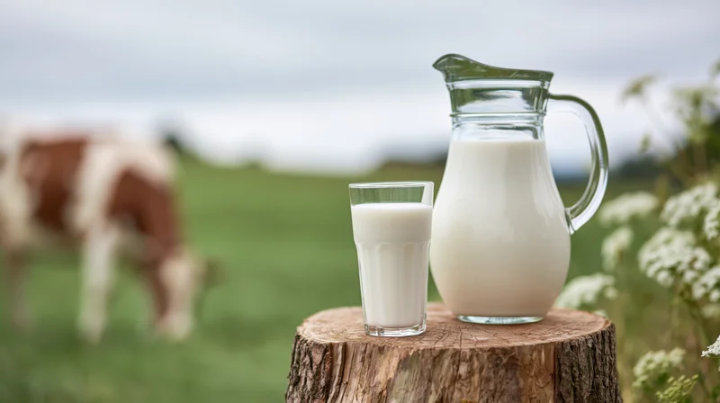 Glass of milk and pitcher on tree stump with cow grazing in field