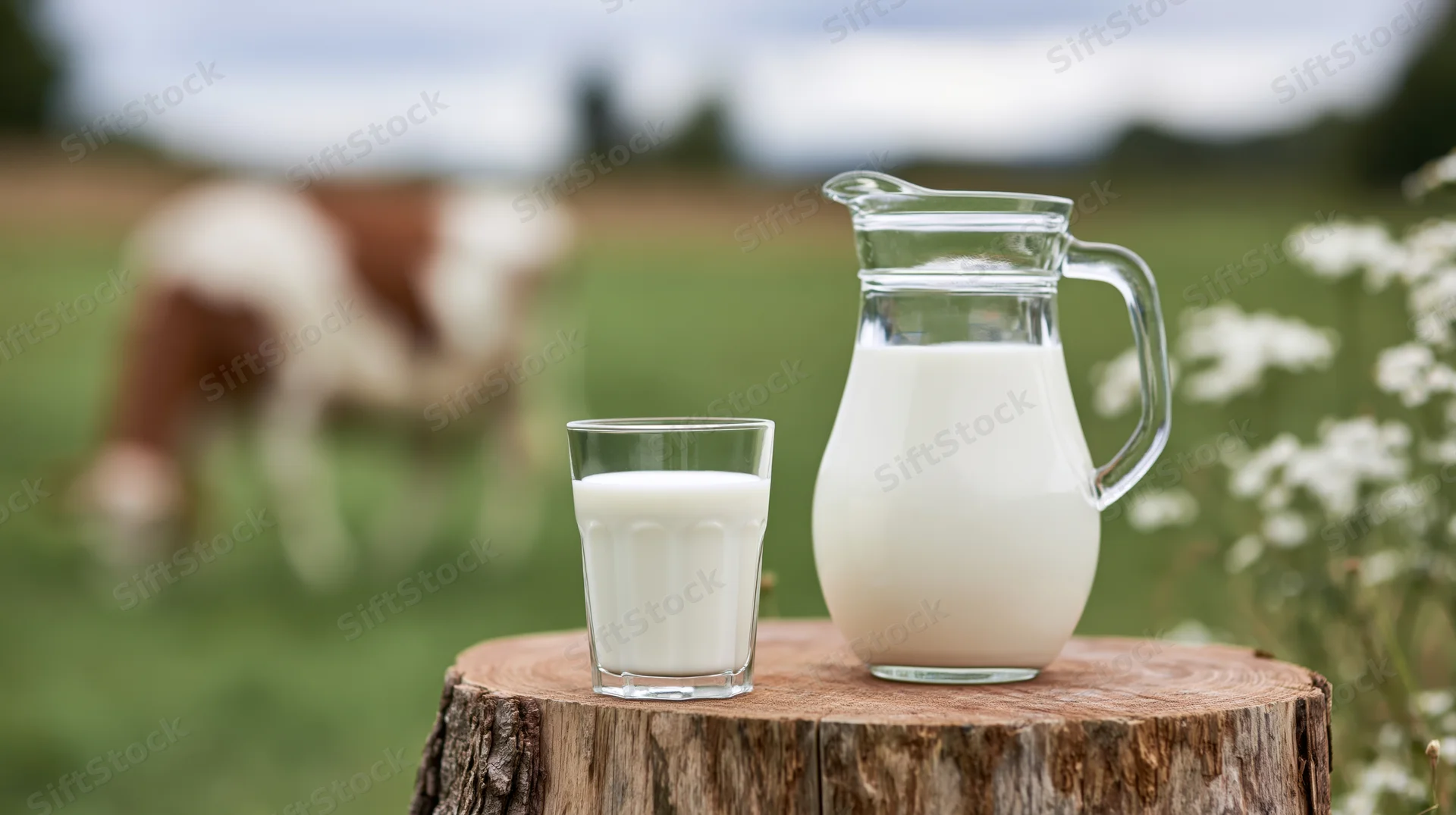 Glass of milk and pitcher on tree stump with cow grazing in field