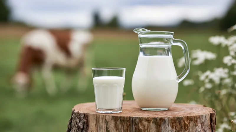 Glass of milk and pitcher on tree stump with cow grazing in field