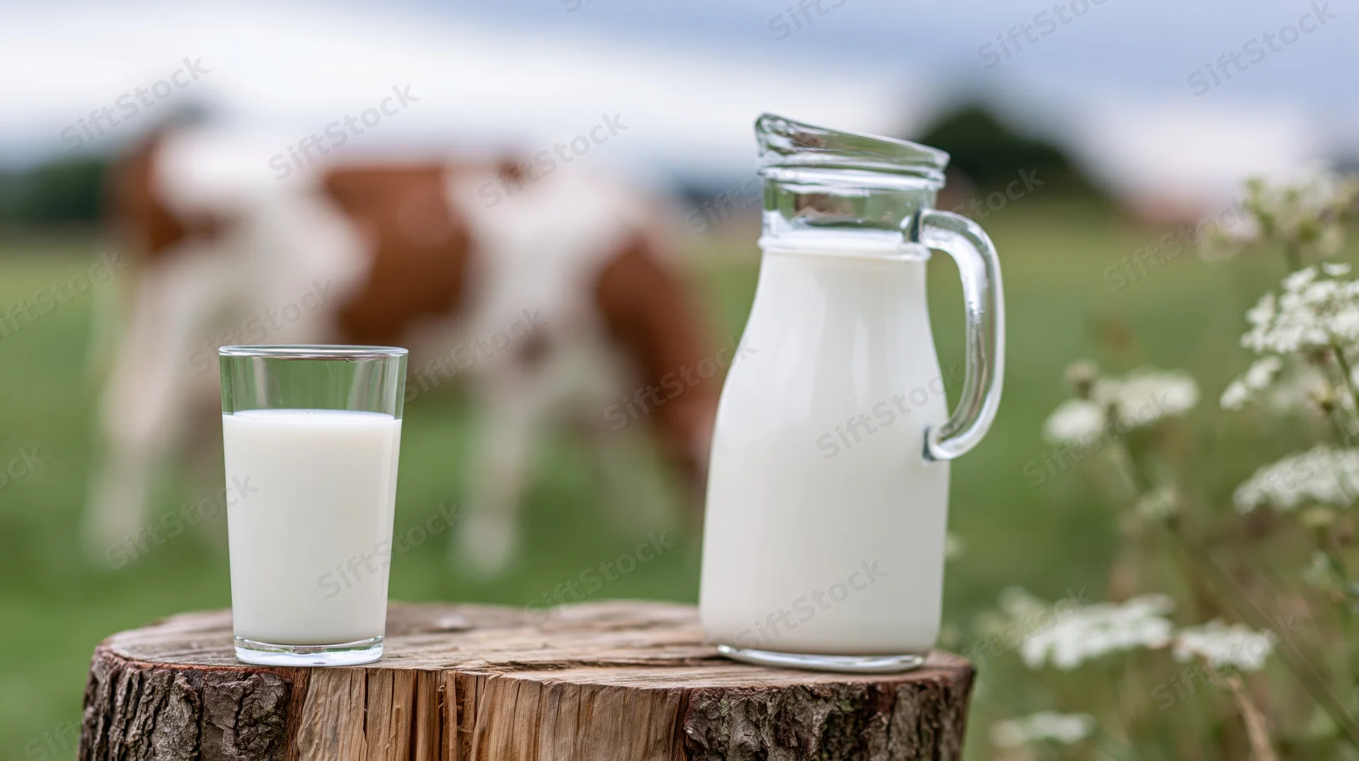 Glass of milk and a pitcher on a tree stump with a cow grazing in the background