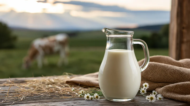 Glass pitcher of milk on a wooden table with a cow grazing in a field at sunset