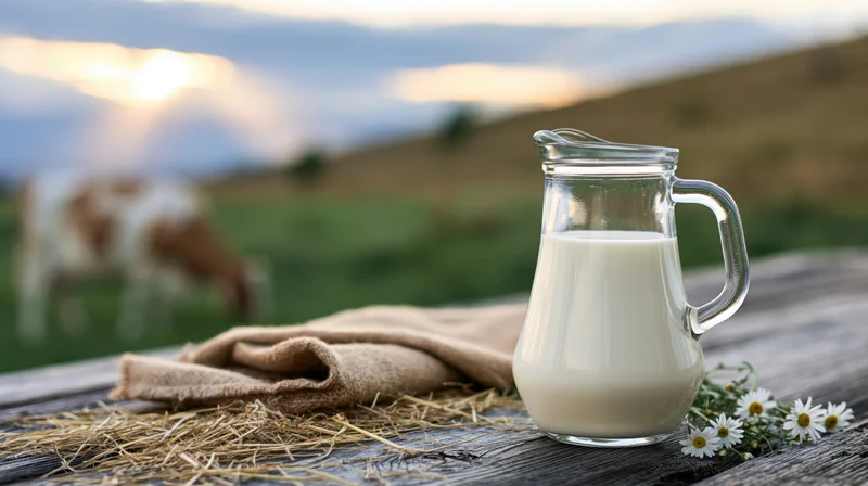 Glass pitcher of milk on wooden table with hay and daisies, cow grazing in field at sunset