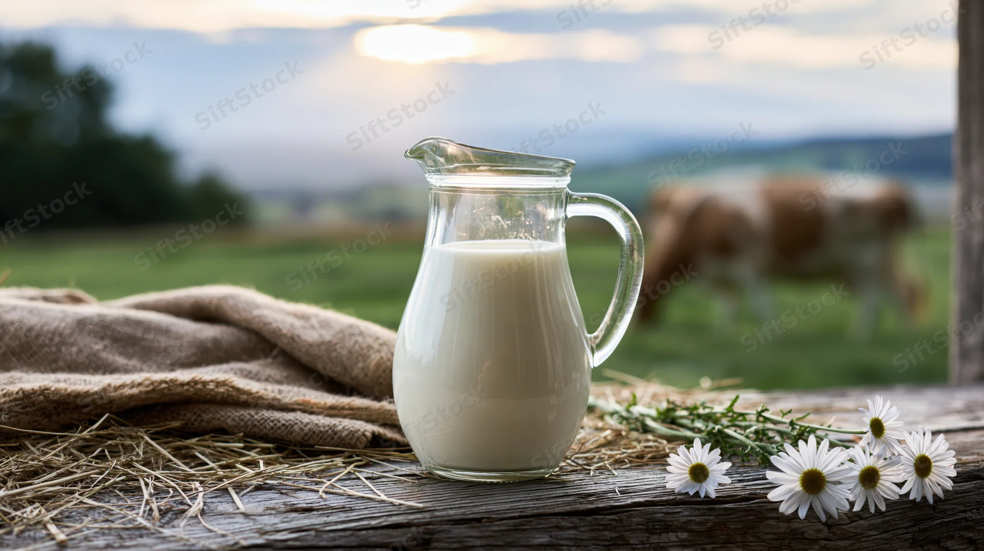 Glass pitcher of milk on a wooden table with hay and daisies, cow grazing in a field at sunset