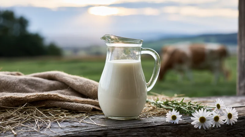 Glass pitcher of milk on a wooden table with hay and daisies, cow grazing in a field at sunset