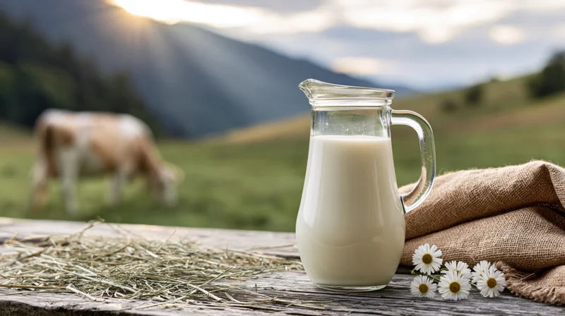 Glass pitcher of milk on wooden table with hay and daisies, cow grazing in field behind