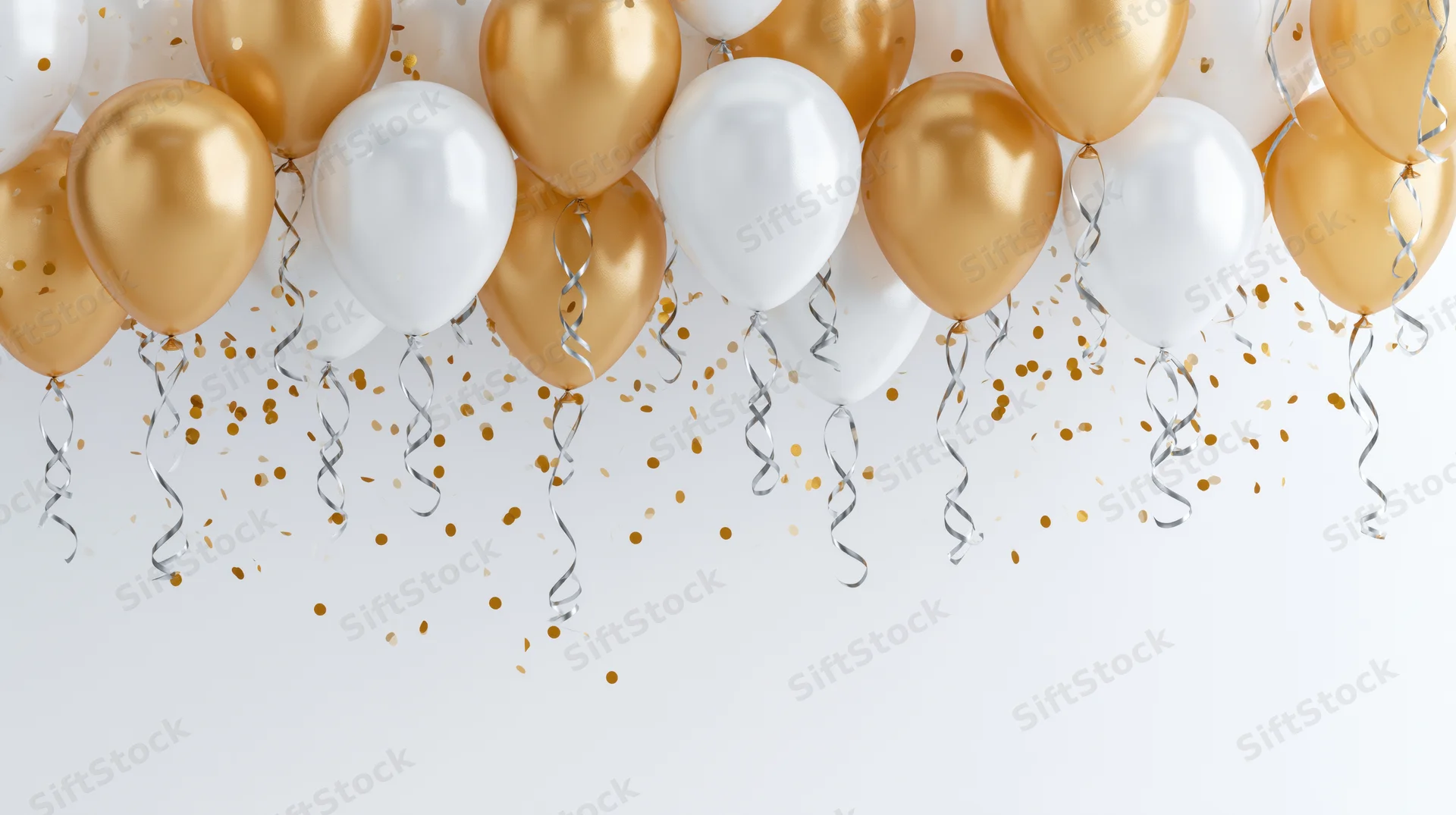 Gold and white helium balloons floating with confetti against a white background