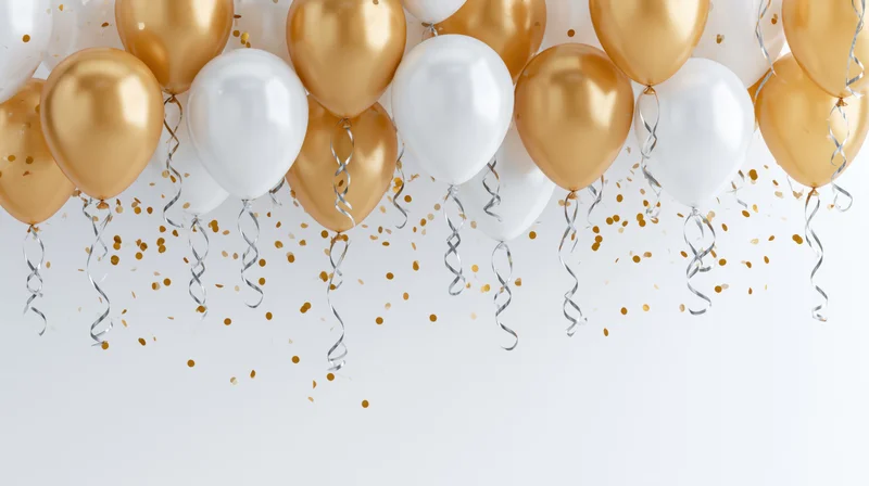 Gold and white helium balloons floating with confetti against a white background