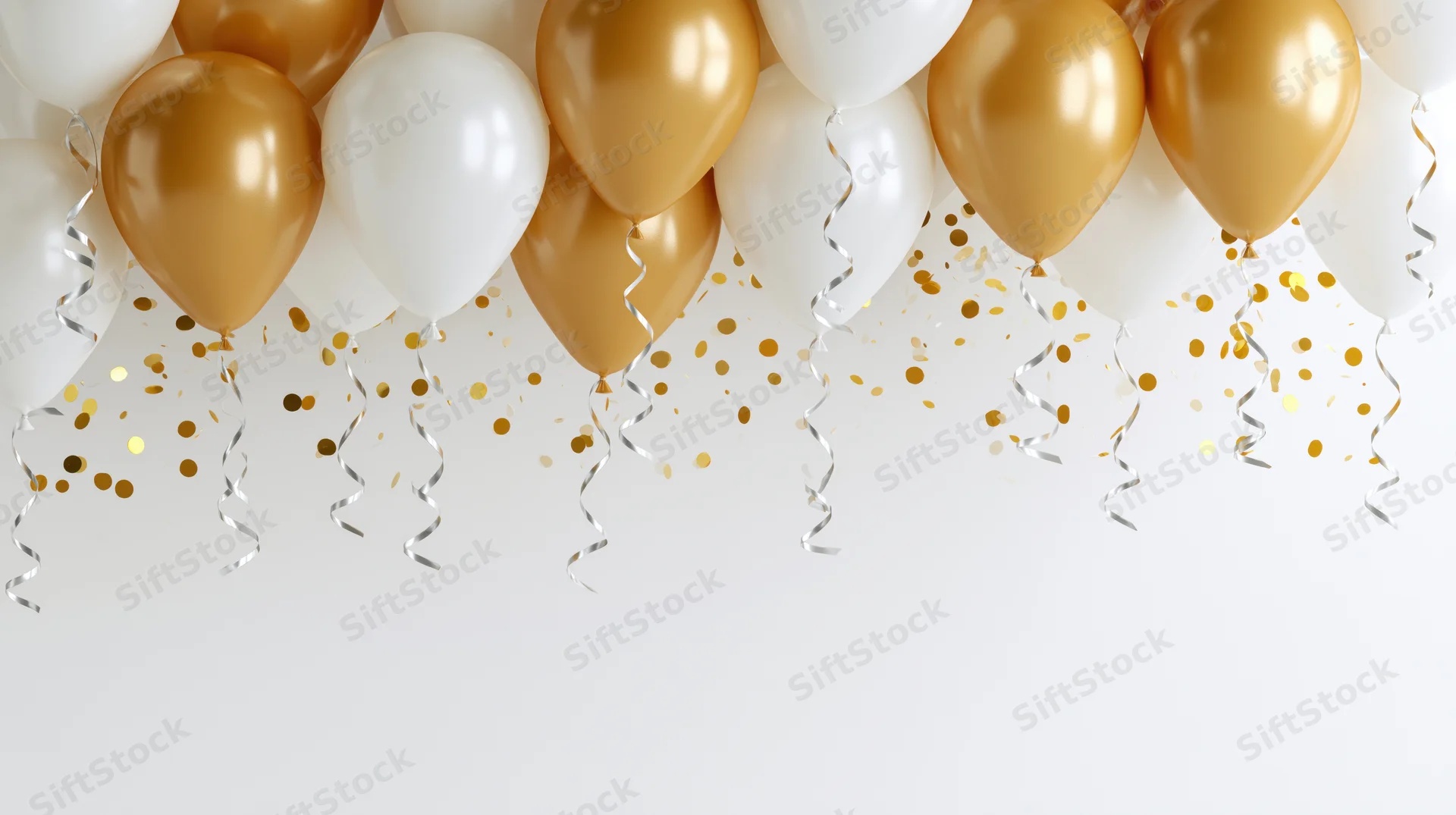 Gold and white helium balloons floating with confetti and streamers against a clean white background