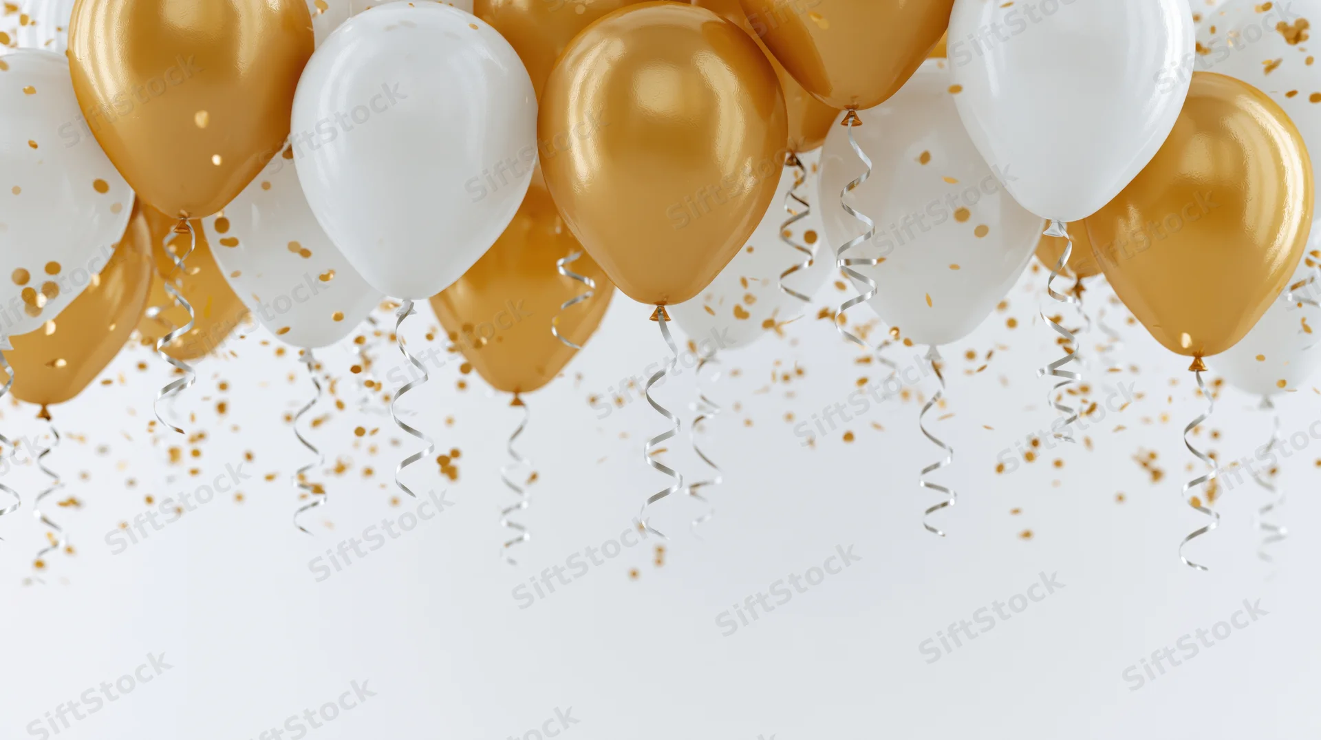 Gold and white helium balloons floating with confetti and streamers against a clean white background