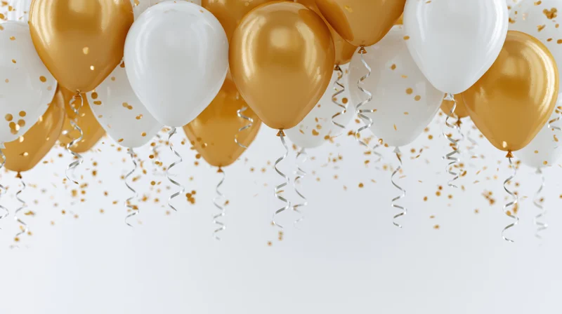 Gold and white helium balloons floating with confetti and streamers against a clean white background