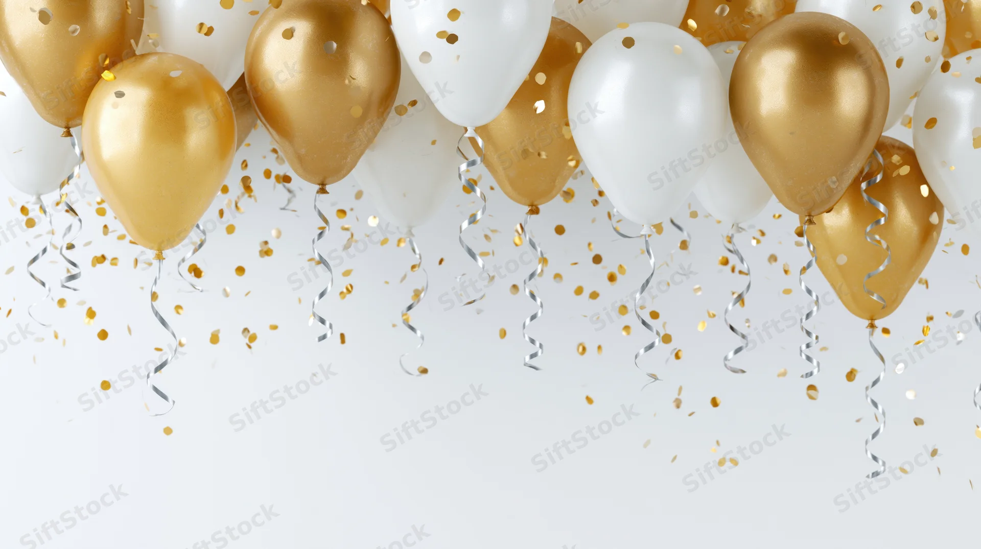 Gold and white helium balloons floating with confetti and streamers against a white background