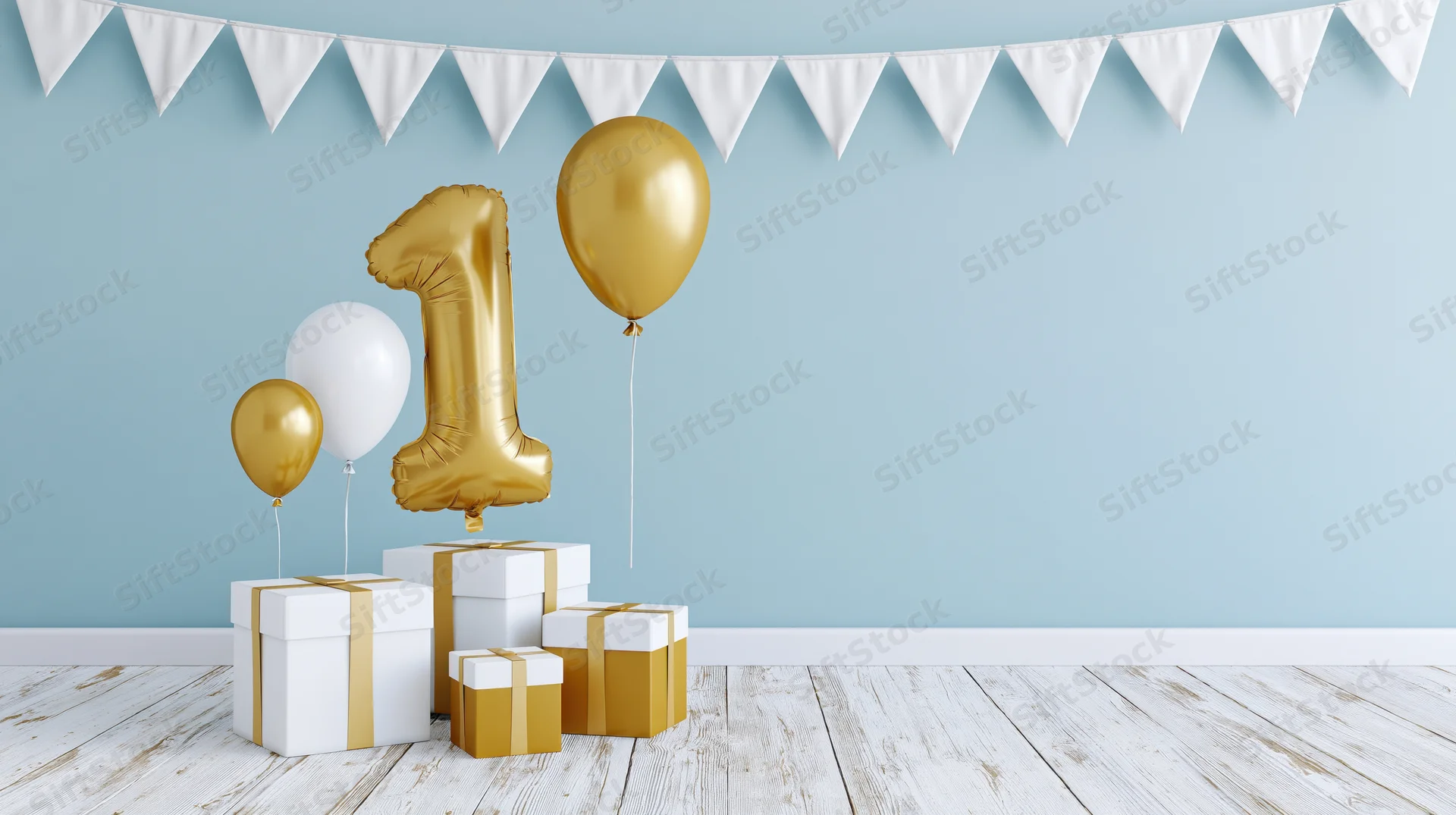 Gold number-one balloon and white gift boxes with pennant banner on light blue wall and wooden floor