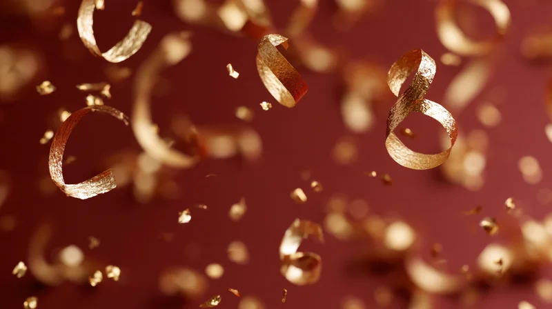 Gold metallic ribbon confetti falling against a deep red background