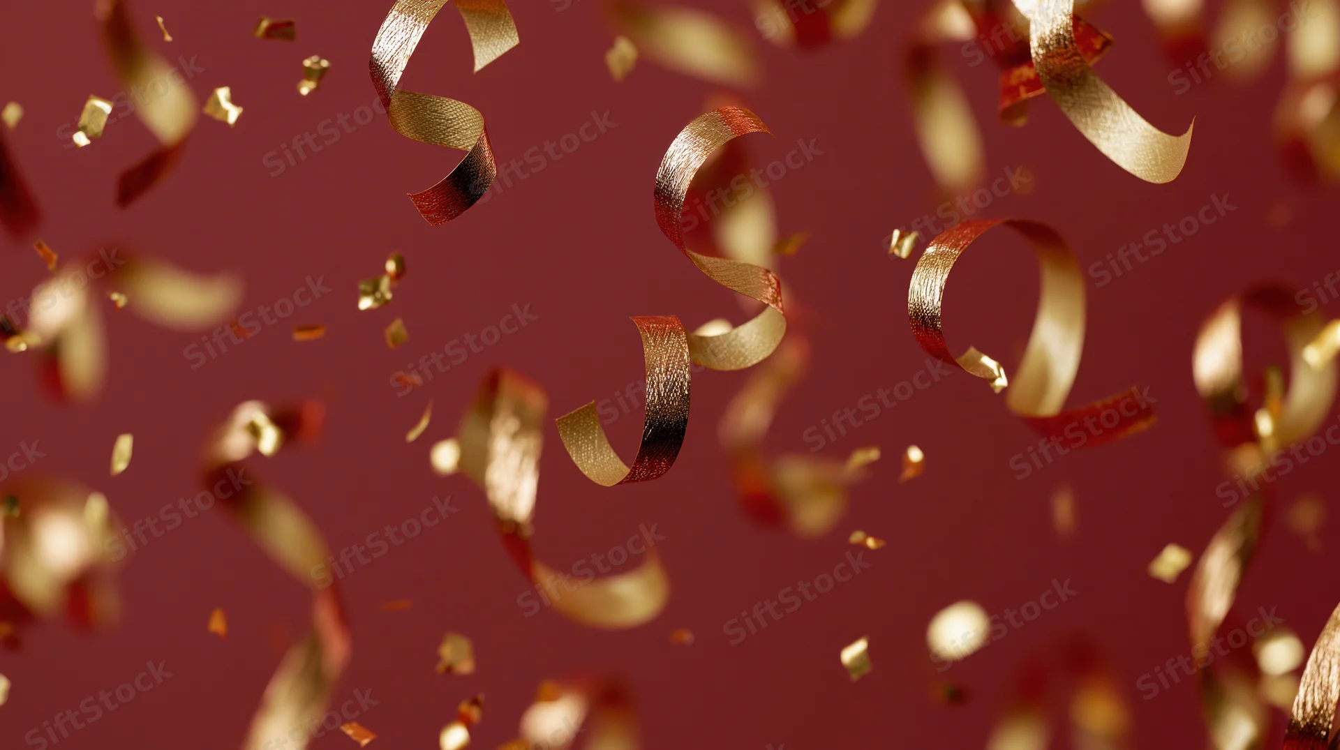 Gold metallic ribbon confetti and foil pieces falling against a red background
