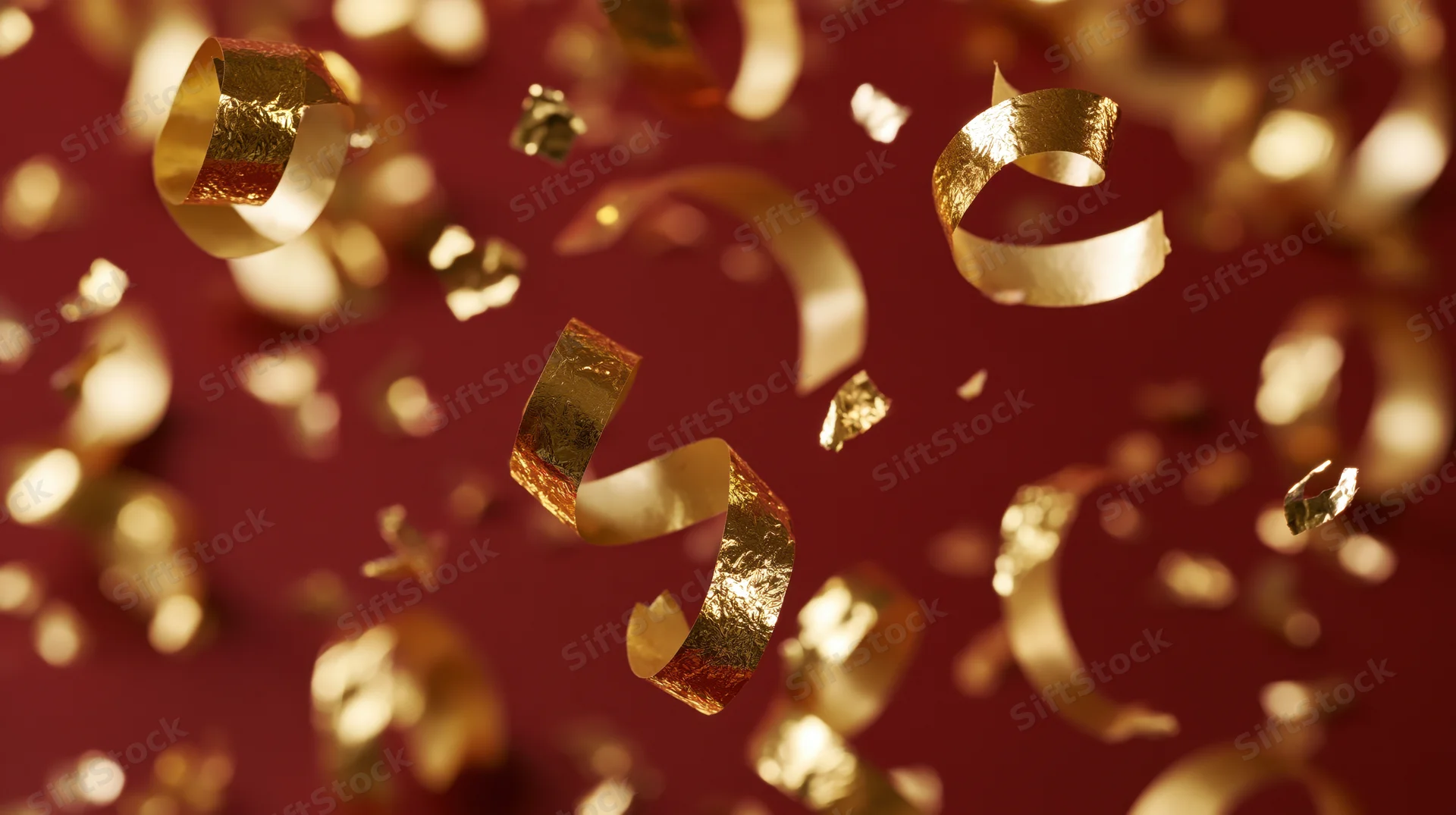 Gold metallic ribbon confetti falling against a red background