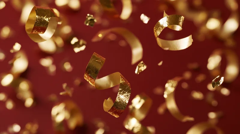 Gold metallic ribbon confetti falling against a red background