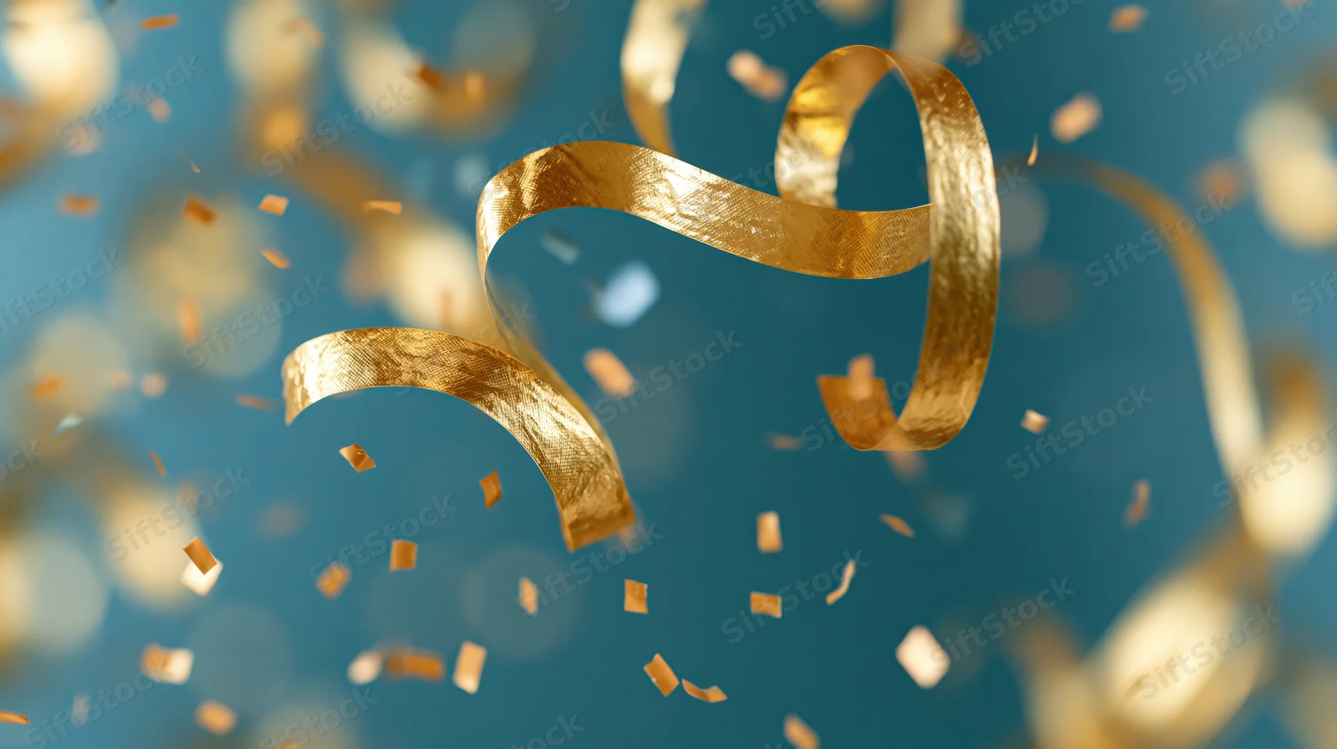 Golden metallic streamers and confetti pieces floating against a blue background