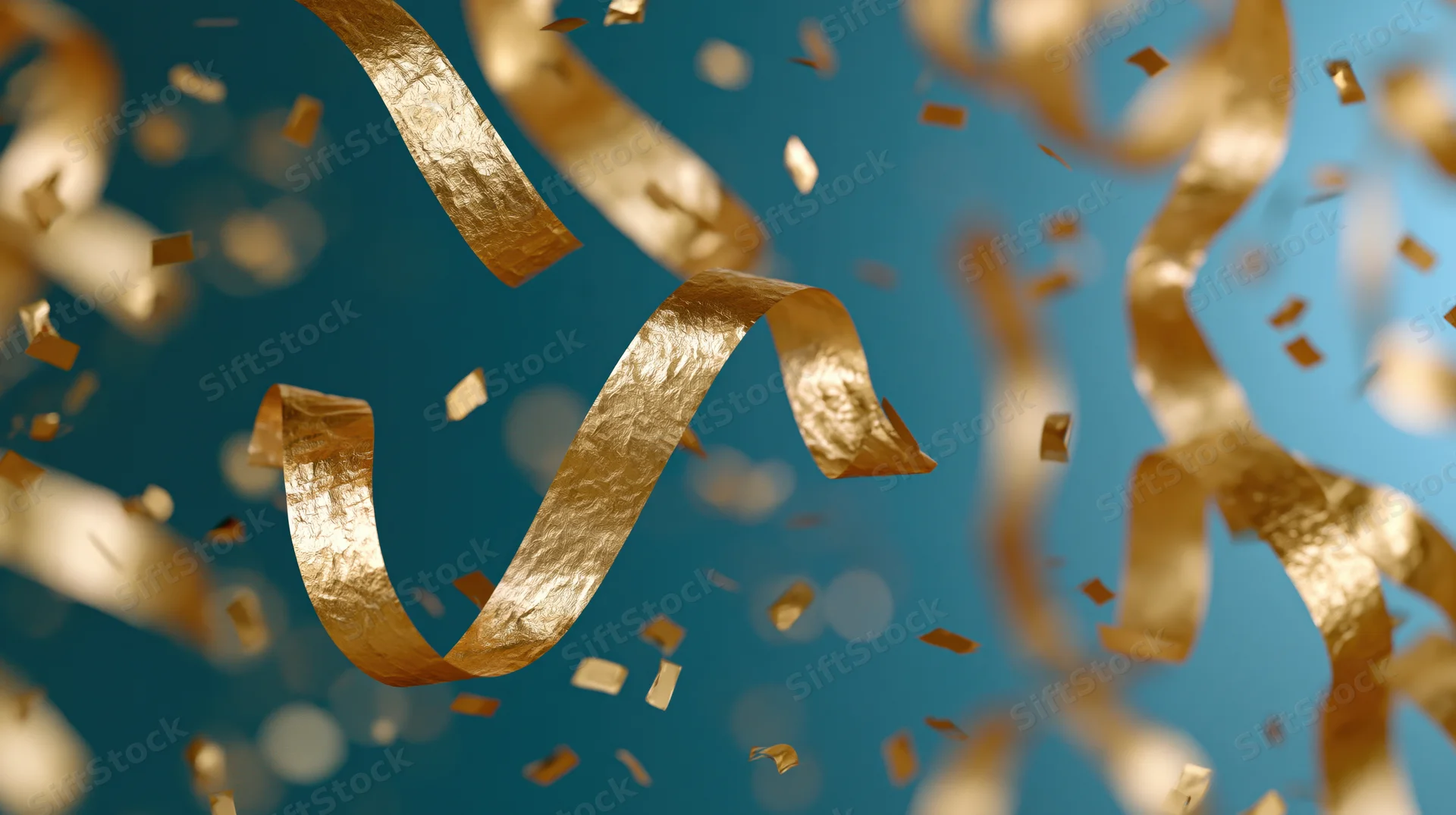 Gold metallic streamers and confetti falling against a blue background