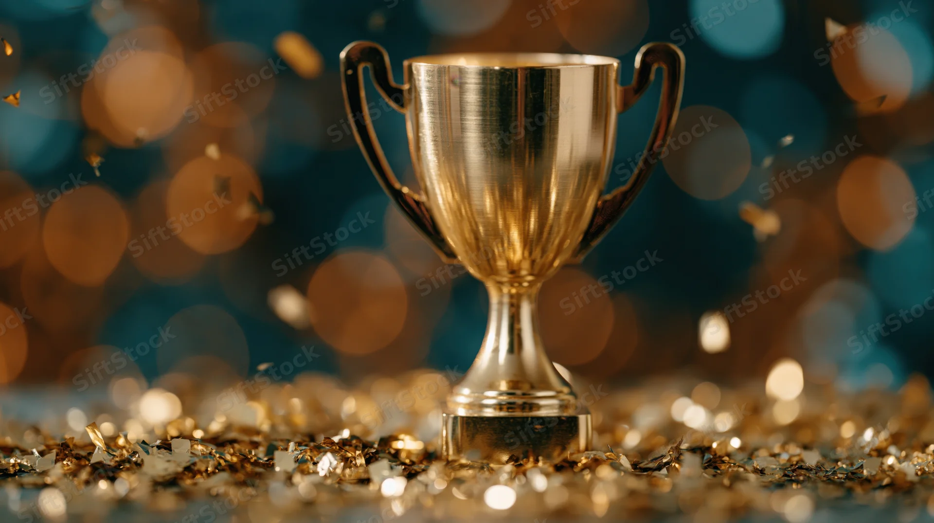 Gold trophy cup standing on glittery surface with confetti and bokeh lights in background