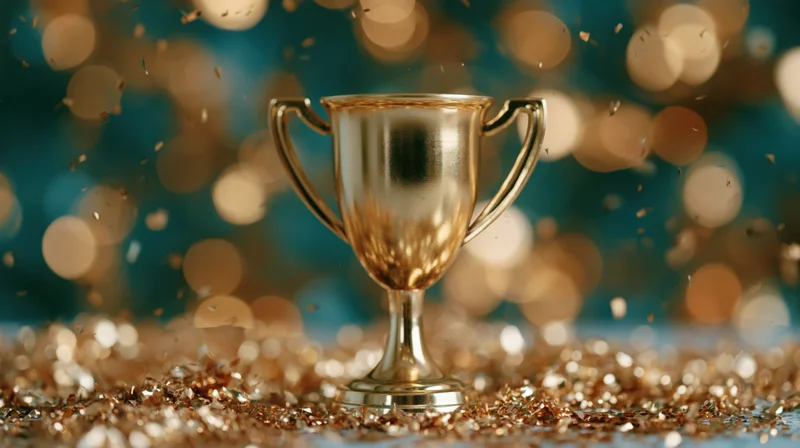 Gold trophy cup standing on glittery surface with sparkling bokeh background
