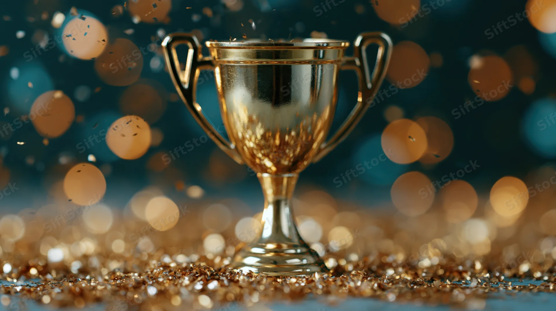 Gold trophy cup standing on glittery surface with bokeh lights and falling confetti