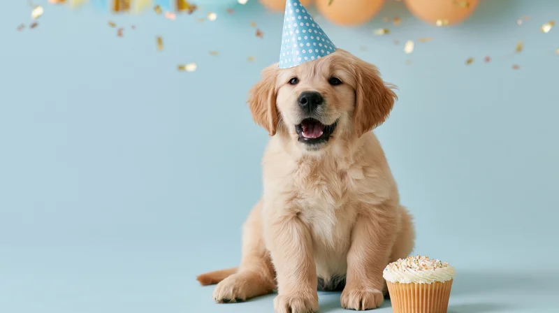 Golden retriever puppy wearing a polka-dot party hat sitting beside a cupcake with confetti and balloons in the background