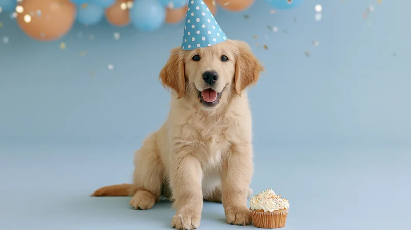 Golden retriever puppy wearing a polka-dot party hat sitting beside a cupcake with balloons and confetti in a studio setting