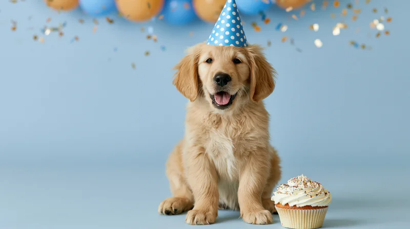 Golden retriever puppy wearing a polka-dot party hat sitting beside a cupcake with confetti and balloons in the background