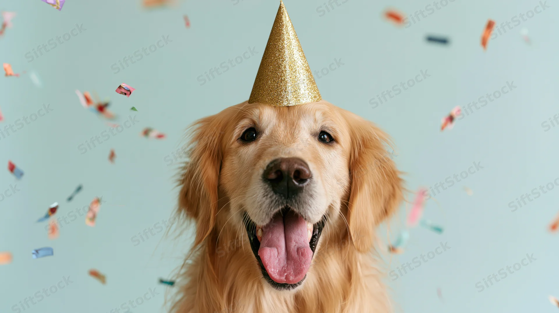 Golden retriever wearing a gold glitter party hat with tongue out amidst falling confetti against a light blue background