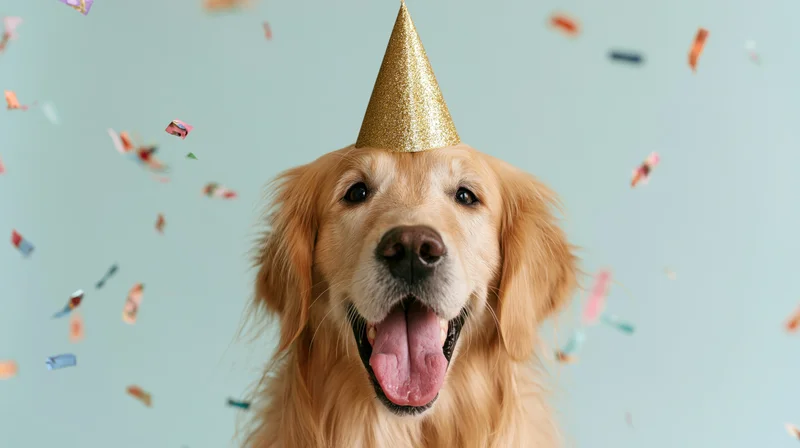Golden retriever wearing a gold glitter party hat with tongue out amidst falling confetti against a light blue background