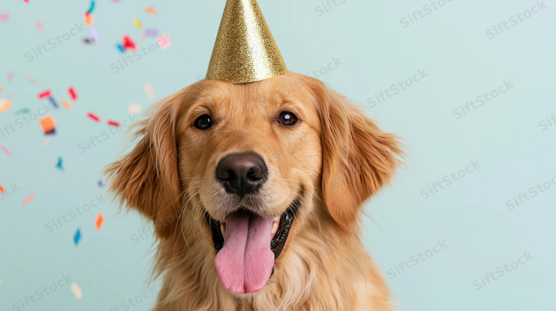 Golden retriever wearing gold glitter party hat with tongue out against light blue background with falling confetti
