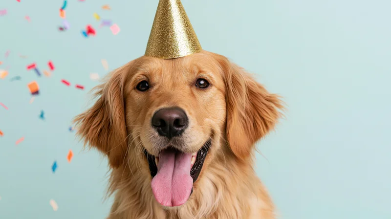 Golden retriever wearing gold glitter party hat with tongue out against light blue background with falling confetti